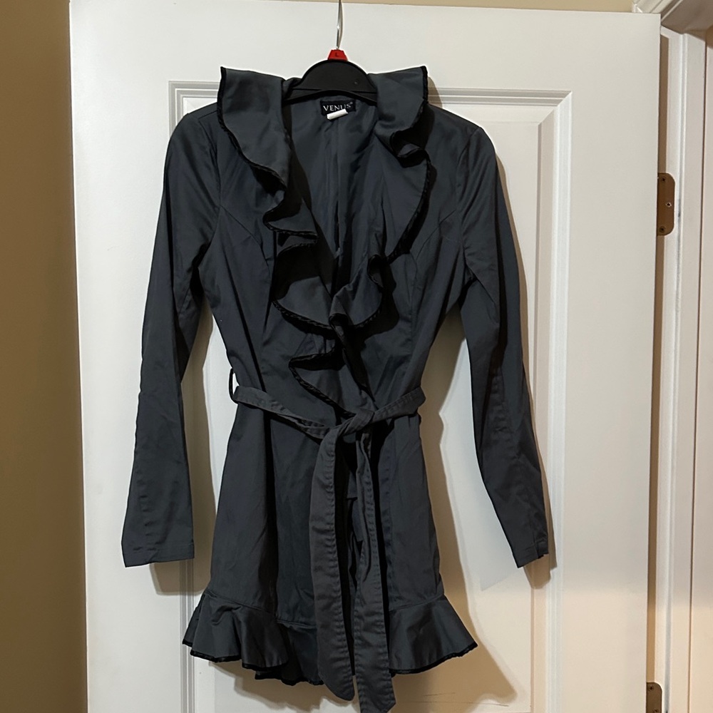 Vince Charcoal Ruffle Trench Coat